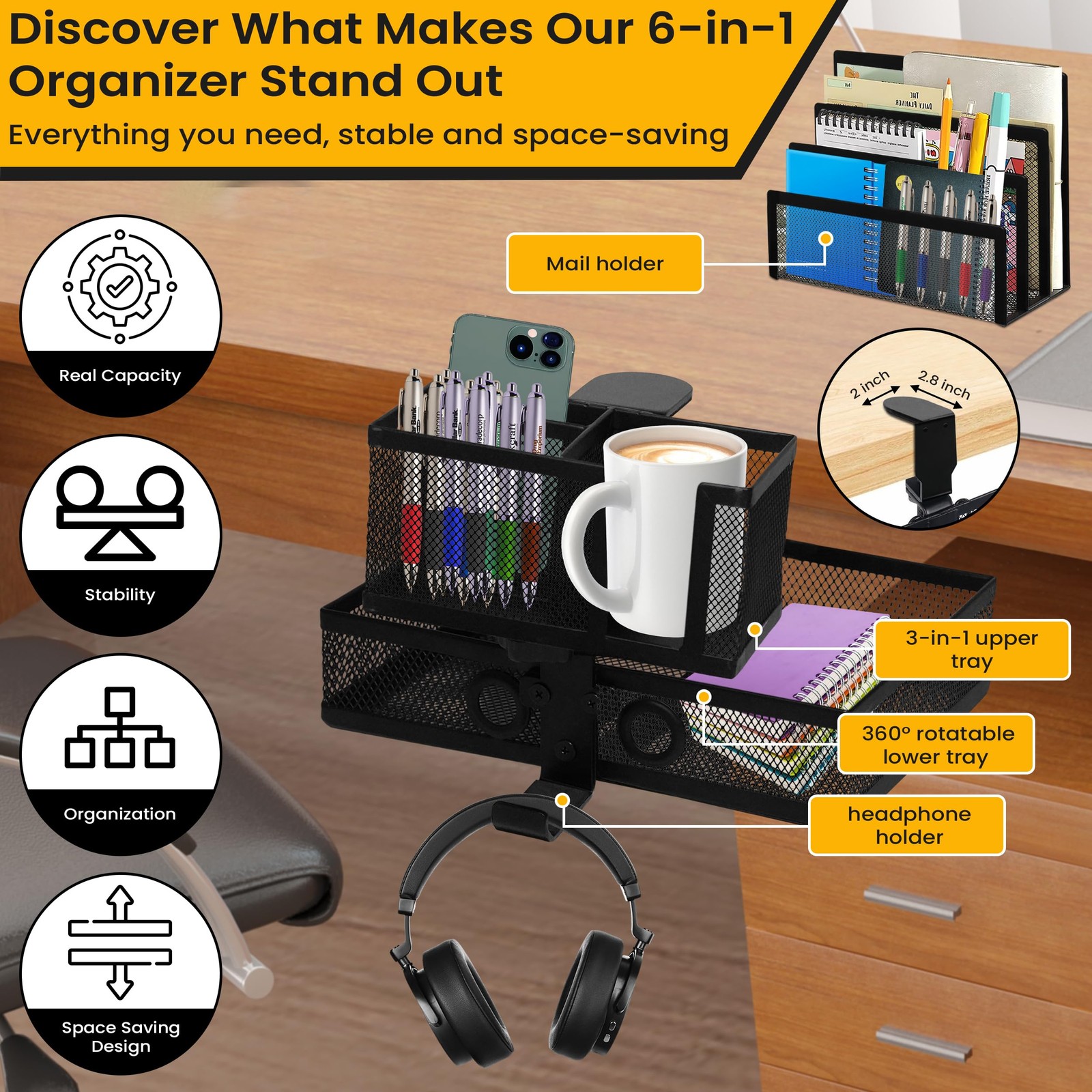 6-in-1 Clamp On Desk Organizer with Cup Holder & 360Â° Rotating Under Desk Dra