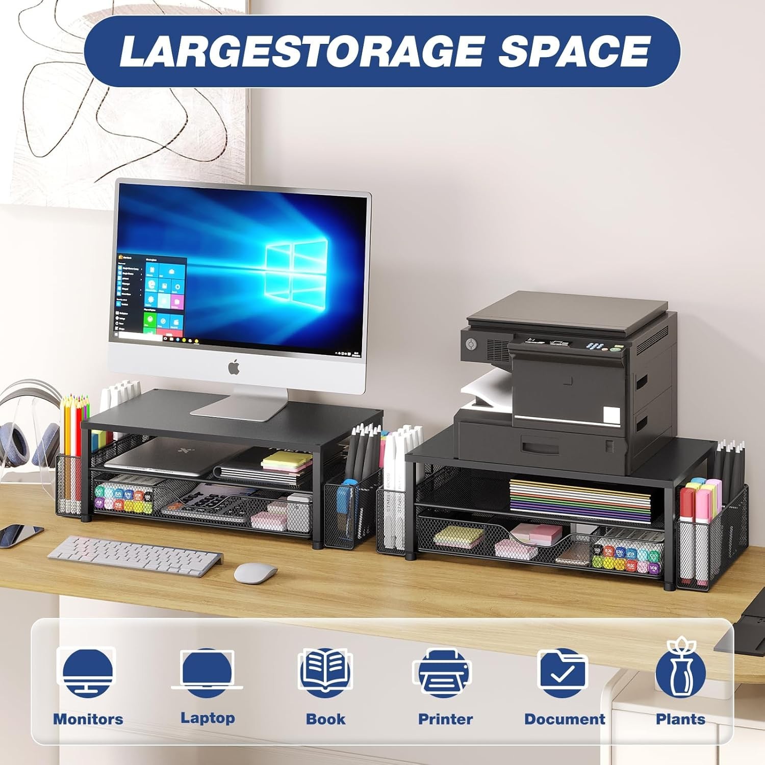 2-Tier Adjustable Monitor Stand Riser with Pen Holders & Drawer – Space-Saving