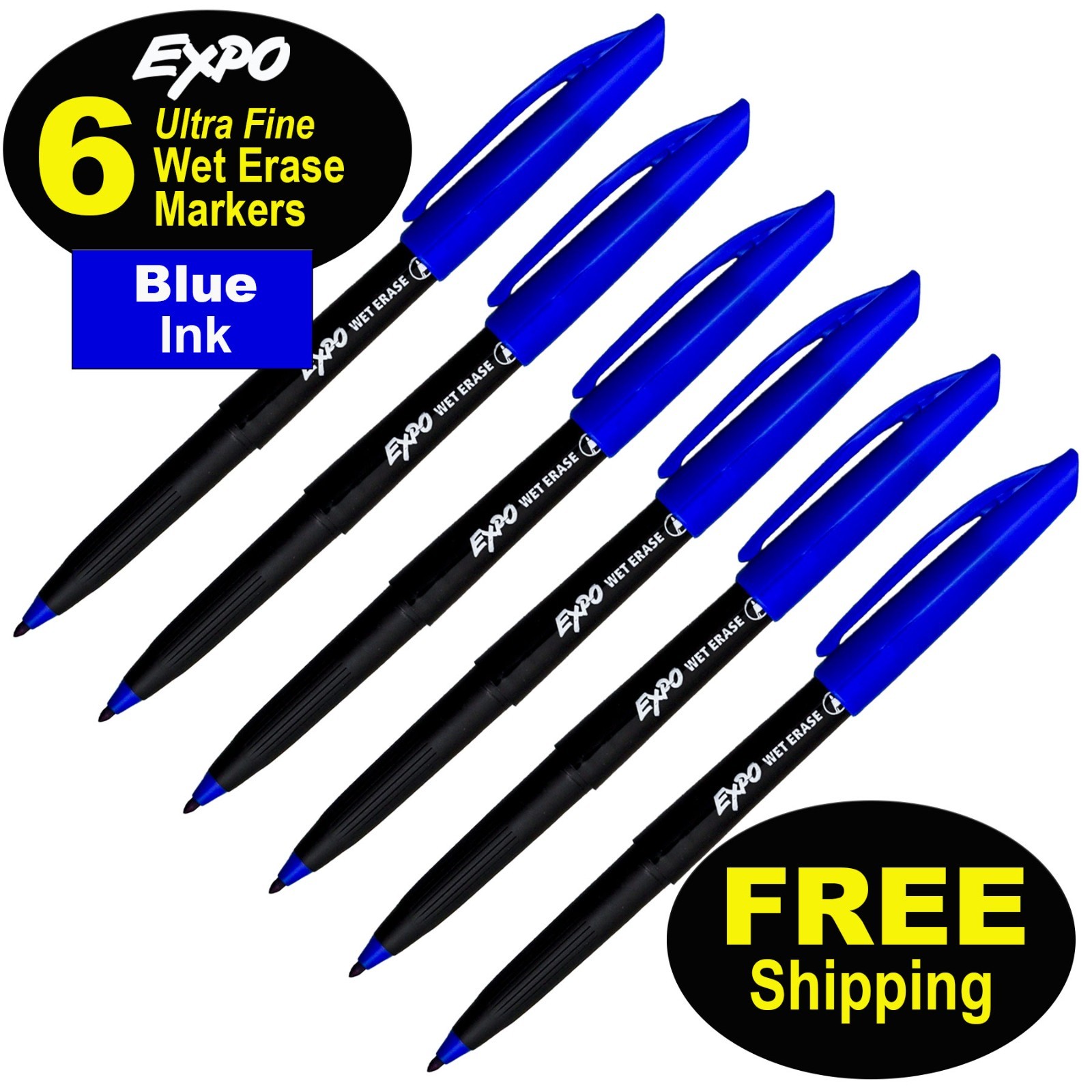 Expo Wet Erase Markers 16003A, Blue Ink, Ultra Fine Point, Pack of 6
