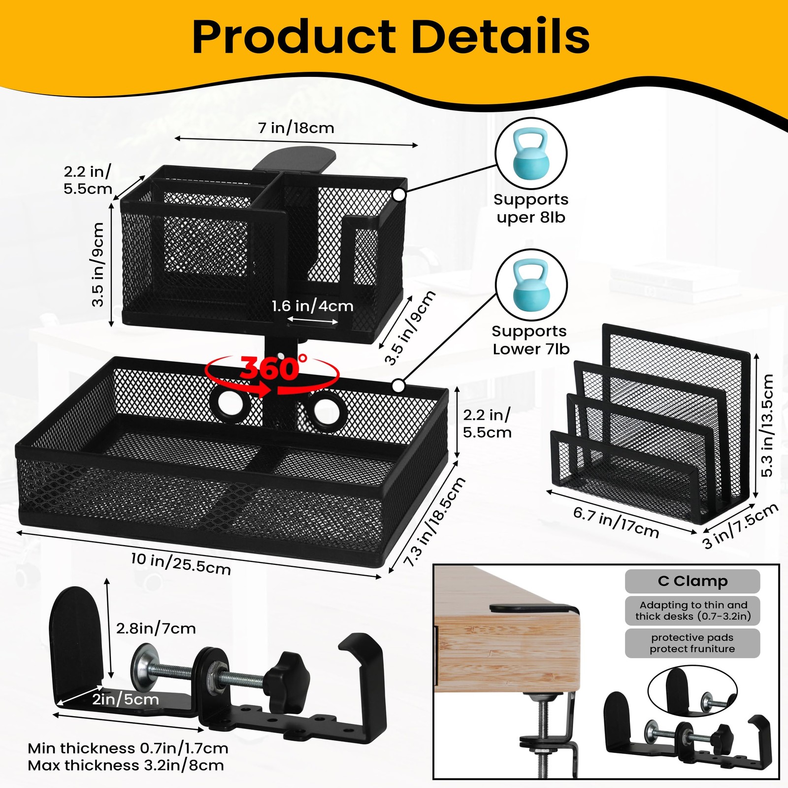 6-in-1 Clamp On Desk Organizer with Cup Holder & 360Â° Rotating Under Desk Dra