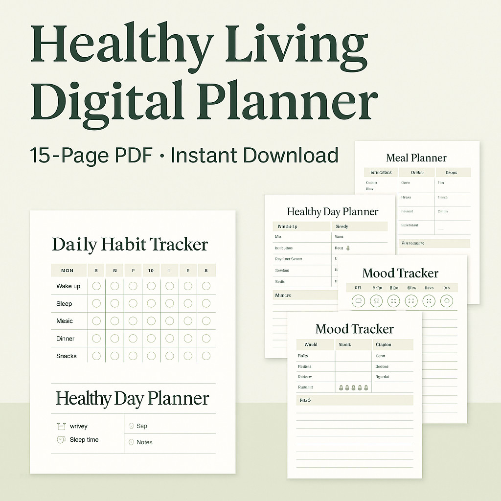 Healthy living digital planner – 15 Page PDF, Instant Download, Wellness – Habit