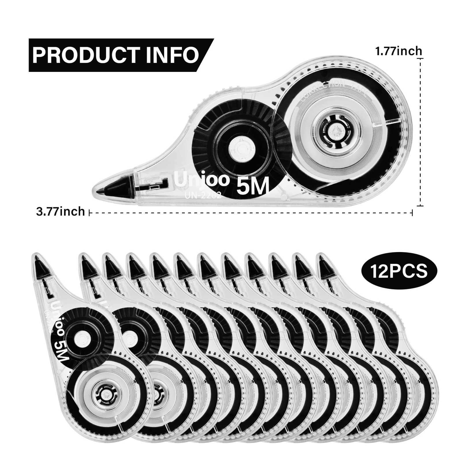 Unjoo White Correction Tape, Easy To Use 1 Count (Pack of 12), 12pcs-black