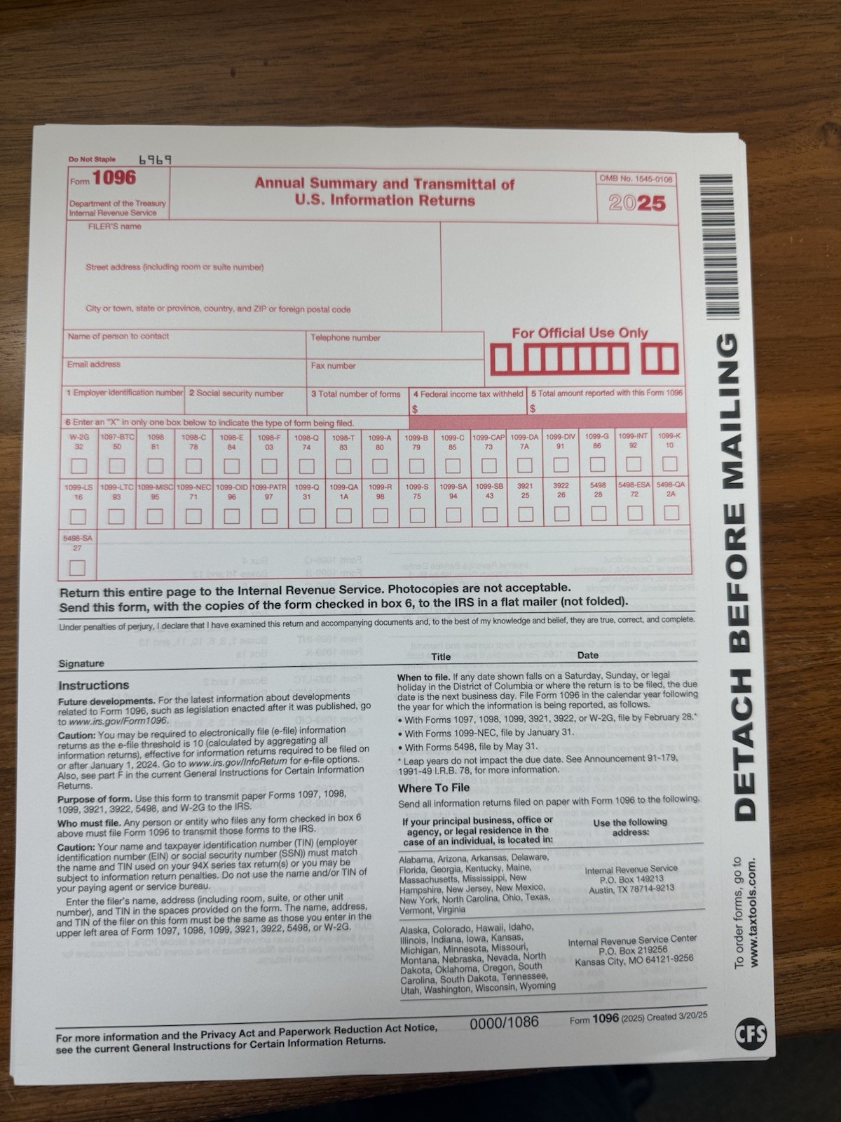 2025 IRS Tax Form 1096 Annual Summary and Transmittal (for 1099’s to IRS)