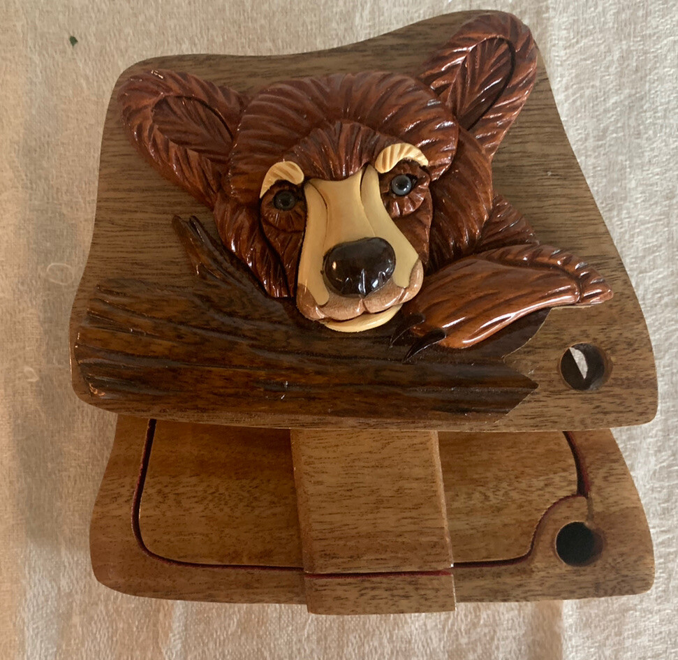 Unique Puzzle Box Handcrafted Bear Desk Organizer/Pen Sticky Note Holder-Vietnam