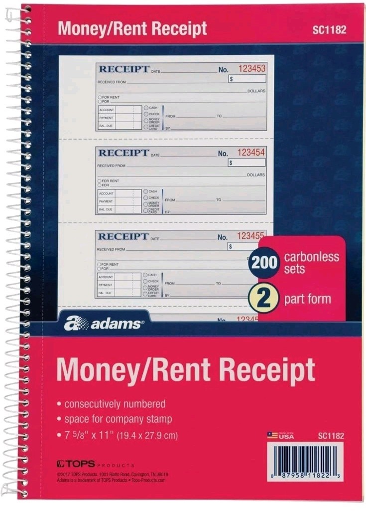 5-Pack of Rent Receipt Book, 2-Part Carbonless, 7-5/8″ X 11″, Spiral Bound, 200