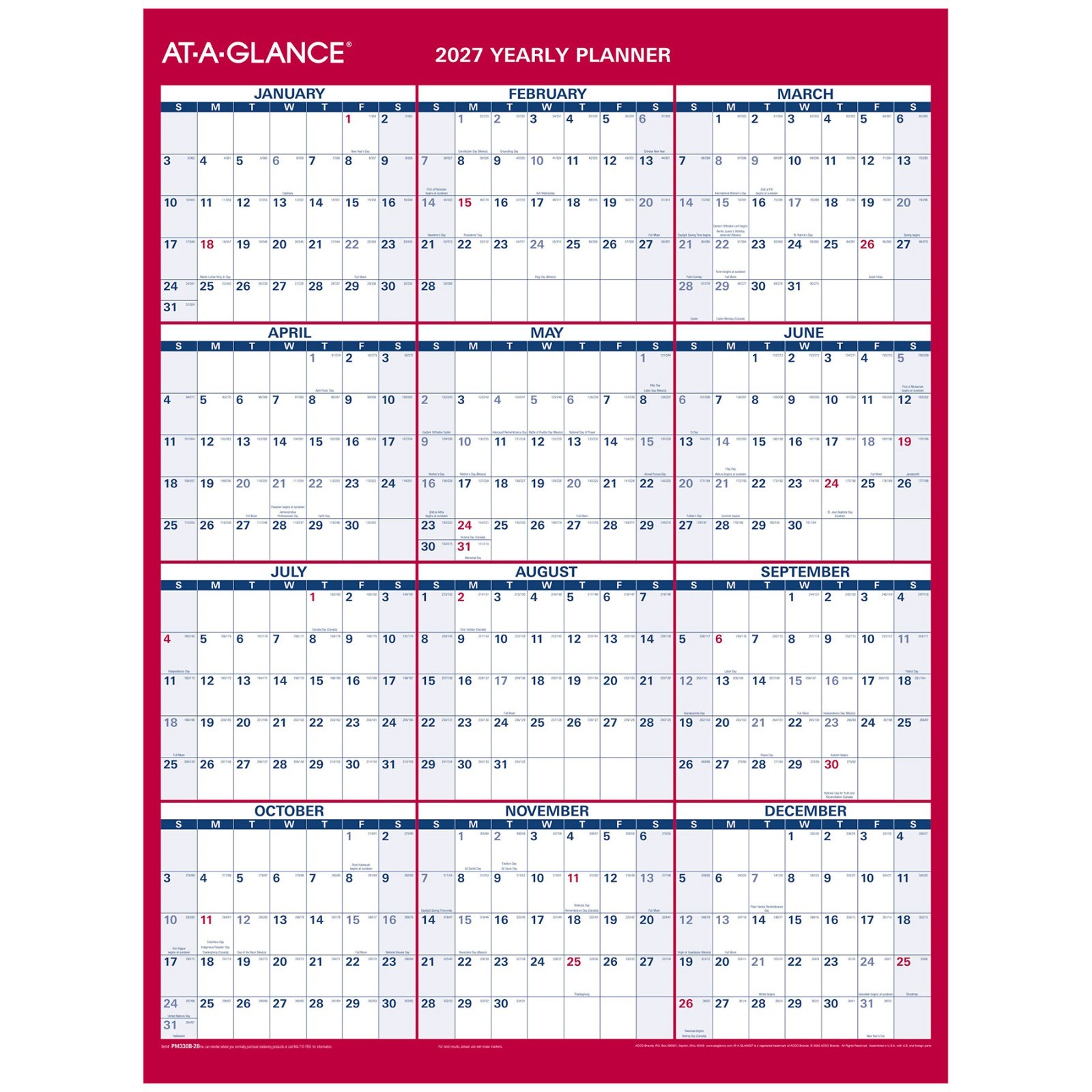 At-A-Glance 2026 Yearly Planner PM330B-28 Small Dry Erase Calendar 11-3/4×15-5/8