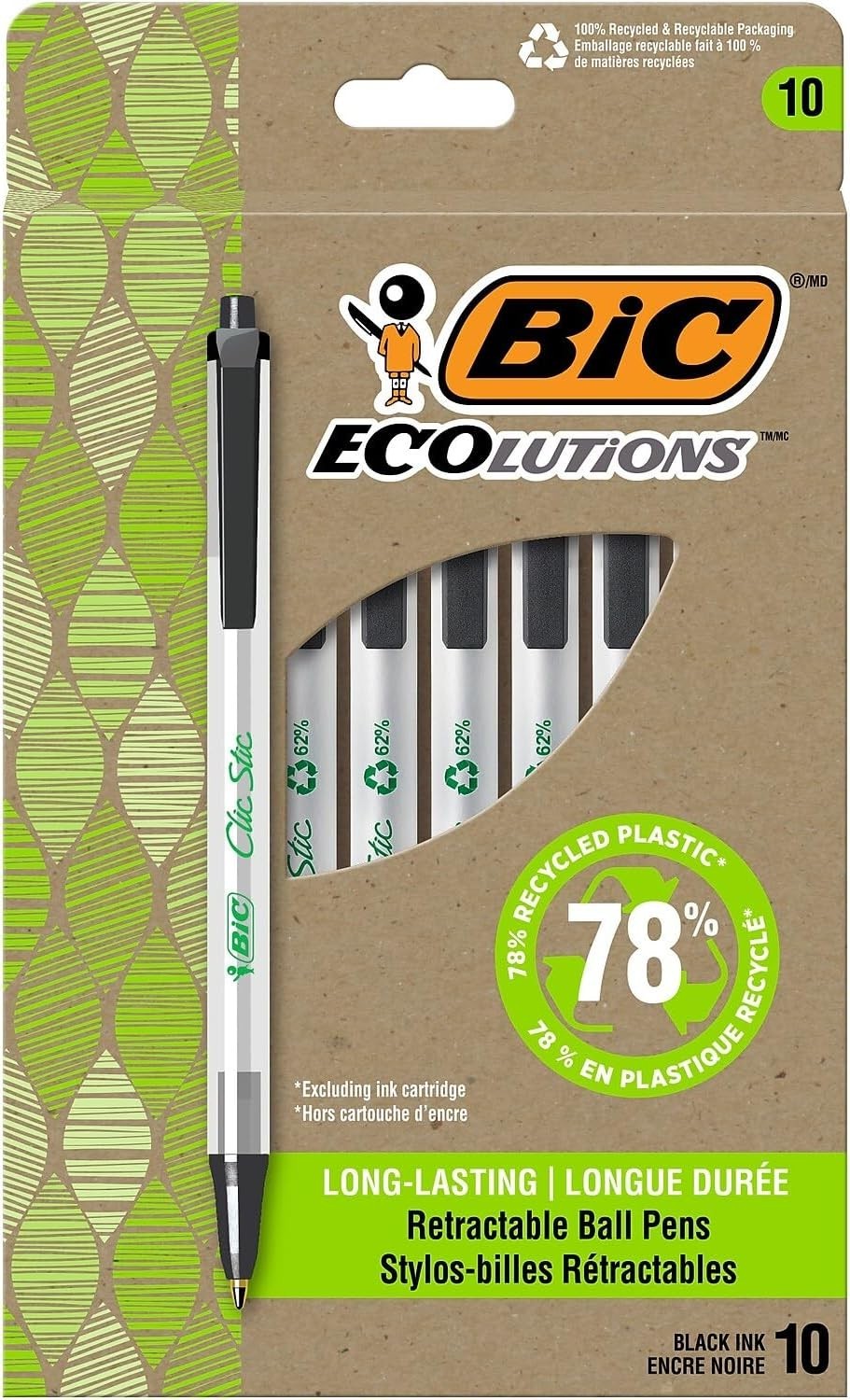 BIC® Revolution Retractable Ball Pens, Medium Point, 1.0 mm,black ink pack of 10