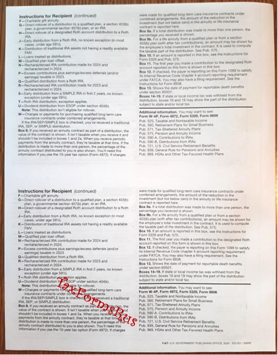 2024 IRS Tax Form 1099-R — NonCarbonless for 10 recipients + (2) 1096 — NO Env