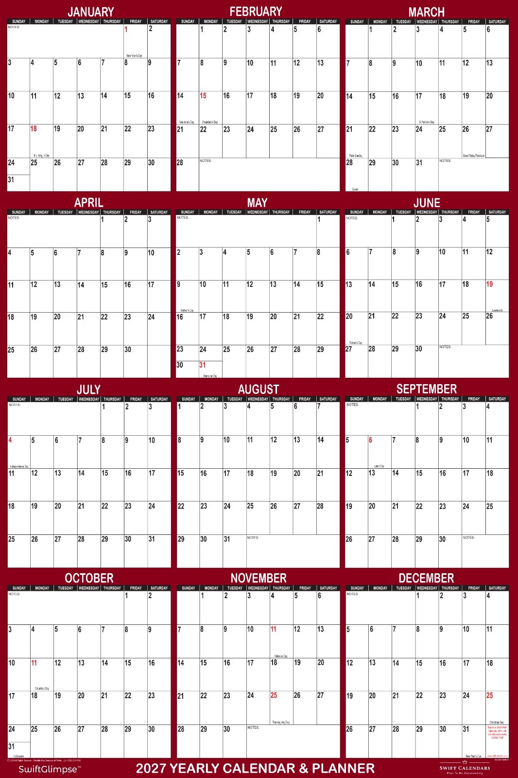 18″ x 24″ SwiftGlimpse 2024 Wall Calendar Erasable Yearly Wall Planner – Maroon