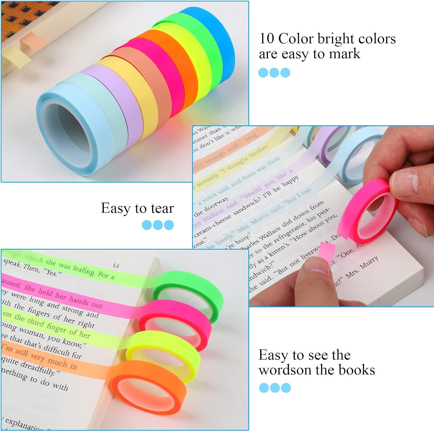 10 Rolls Colorful Highlighter Tape 0.31 x 1 Count (Pack of 10) Multicolor