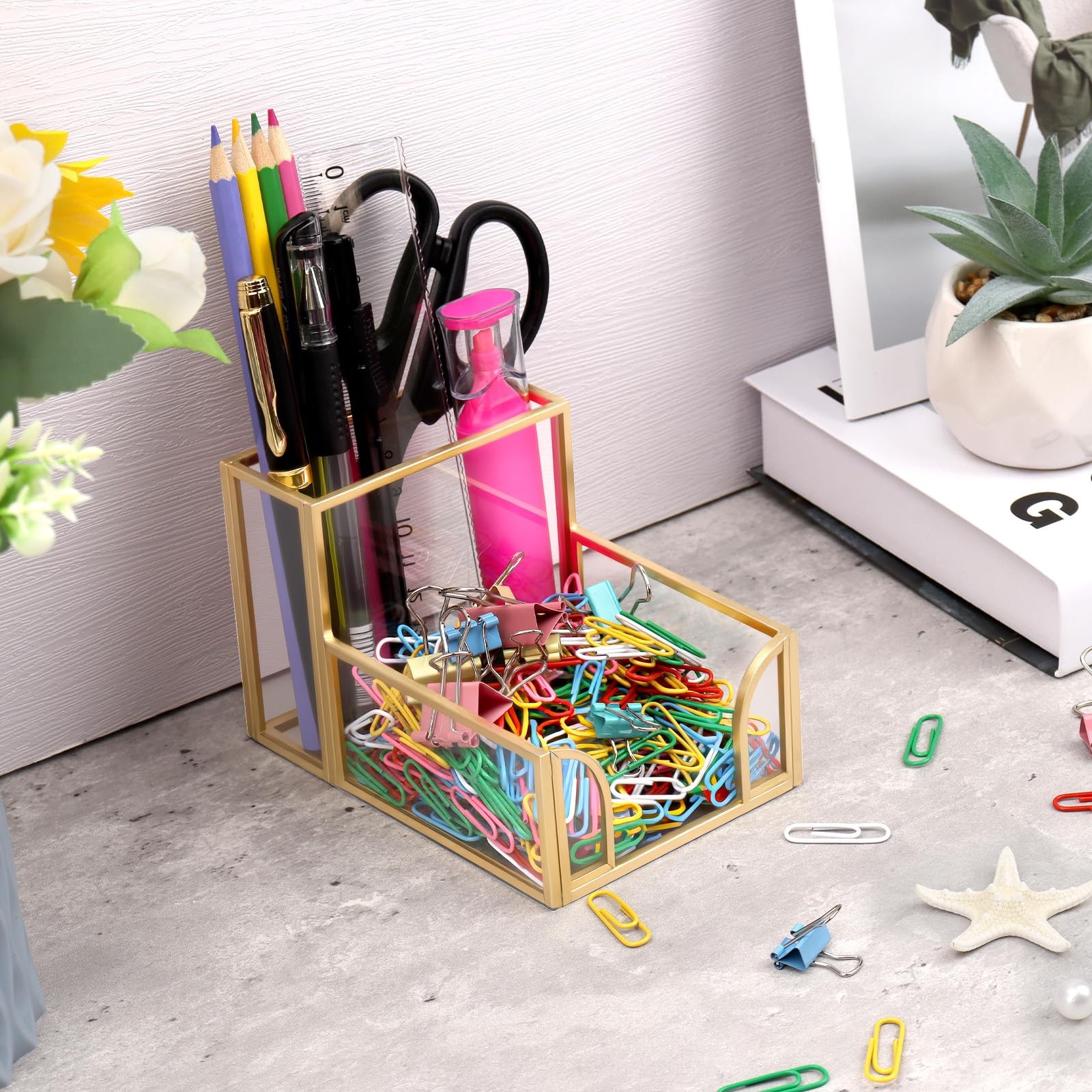 Sticky Note Holder,Glass Post It Note Dispenser with Pen Slot,Gold 3 x 3 Inch…