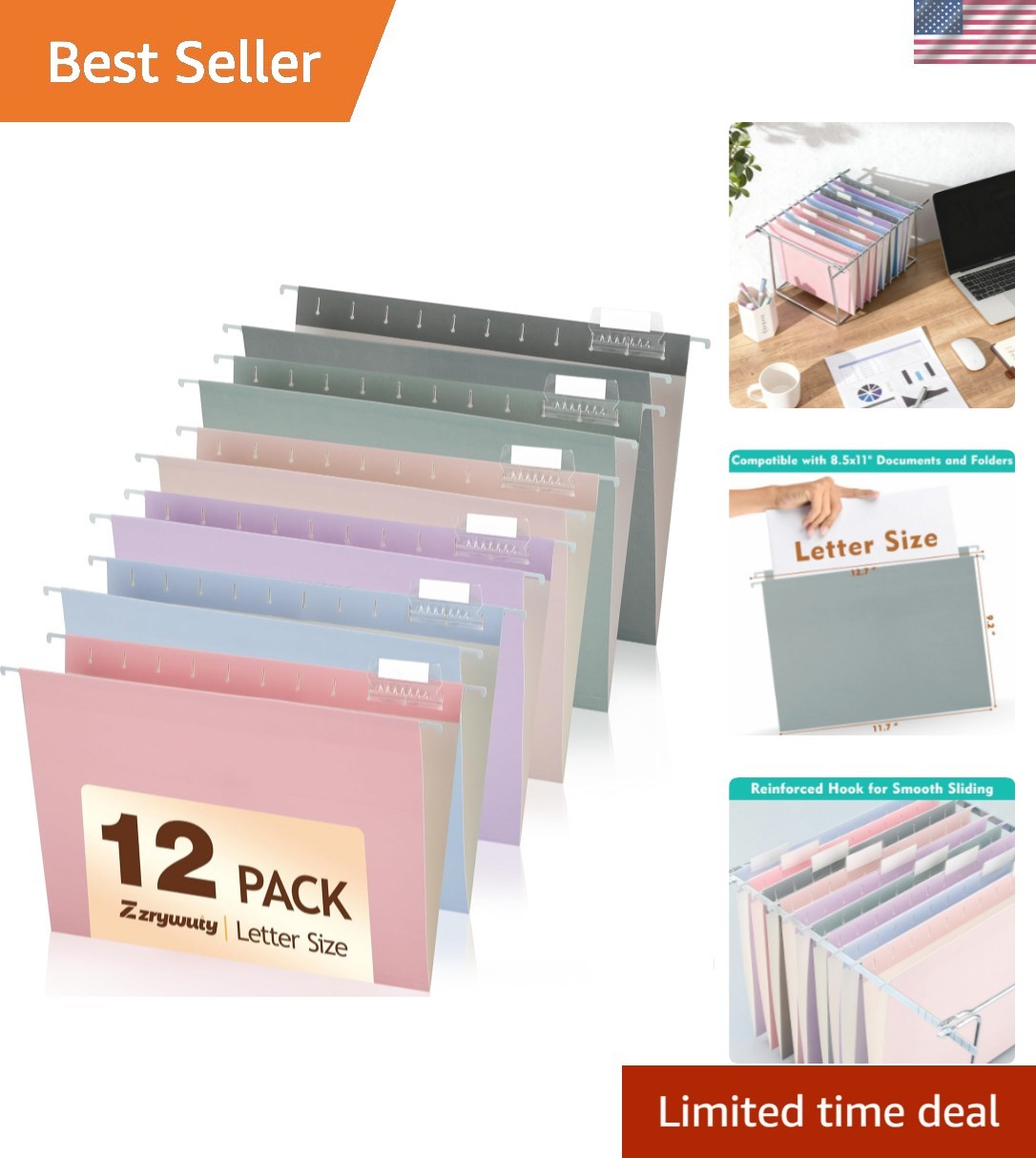 Hanging File Folders Letter Size, 12-Pack Hanging File Folder with 1/5-Cut Ta…