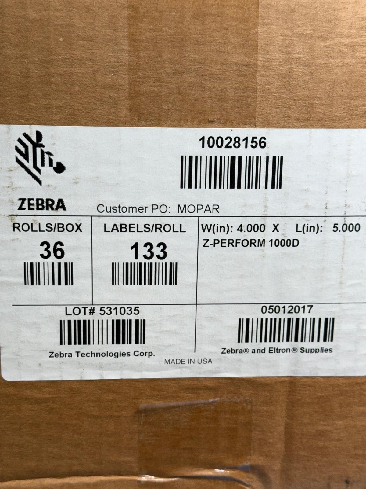 Zebra 10028156 Z-Perform 1000D 4″ x 5″ Direct Thermal 133 Labels/Roll, 36 Rolls