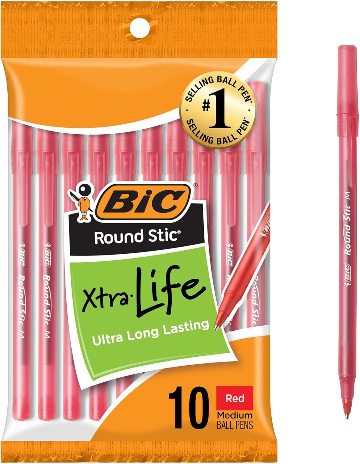 BIC 10 Pack Red Round Stic Pens, 1.0mm Medium Bulk Ballpoint