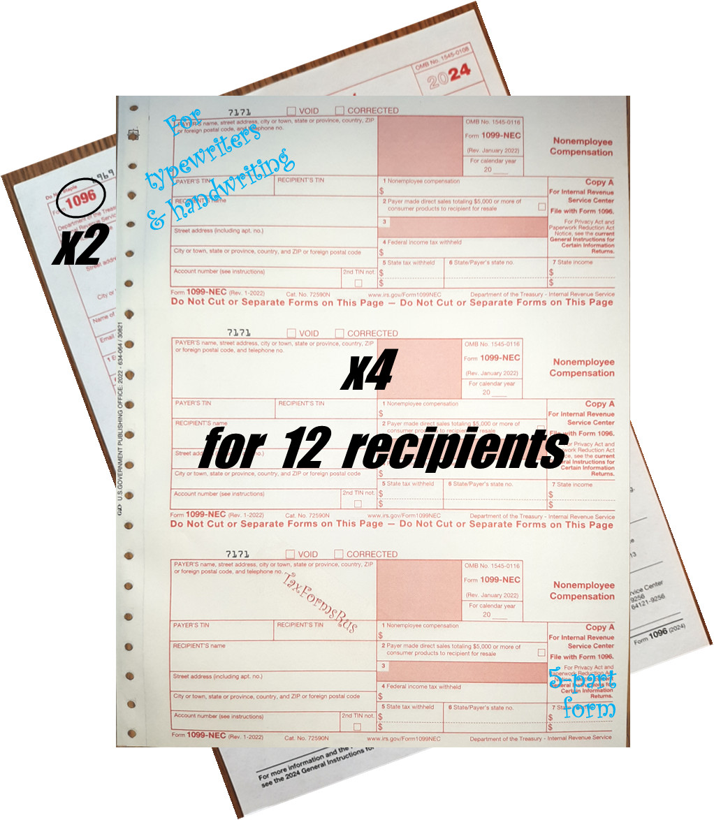 2024 IRS Tax Form 1099-NEC Carbonless for 12 recipients + (2) 1096 — NO Env