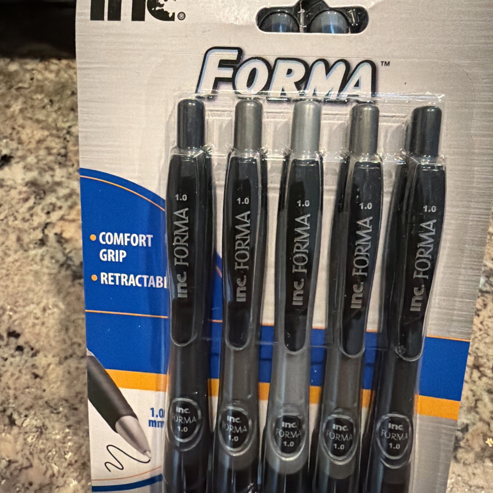 INC FORMA 5pk BLACK Ink Ball Point Pens Retractable 1.0 mm Comfort Grip Barrel
