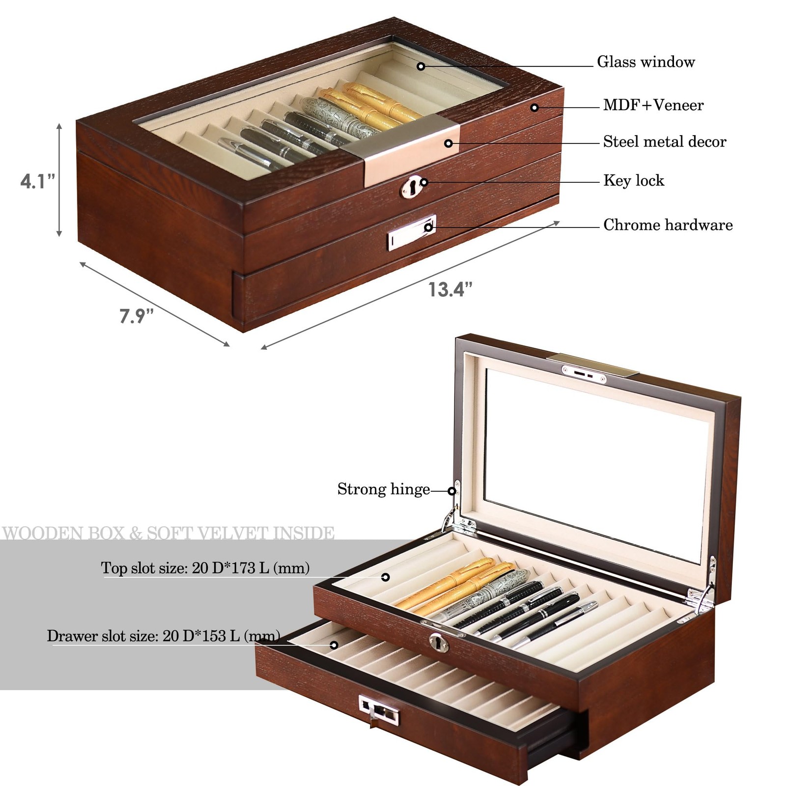 Wood Pen Organizer Box 24 Slot Fountain Pen Display Case with Drawer, Top Gla…