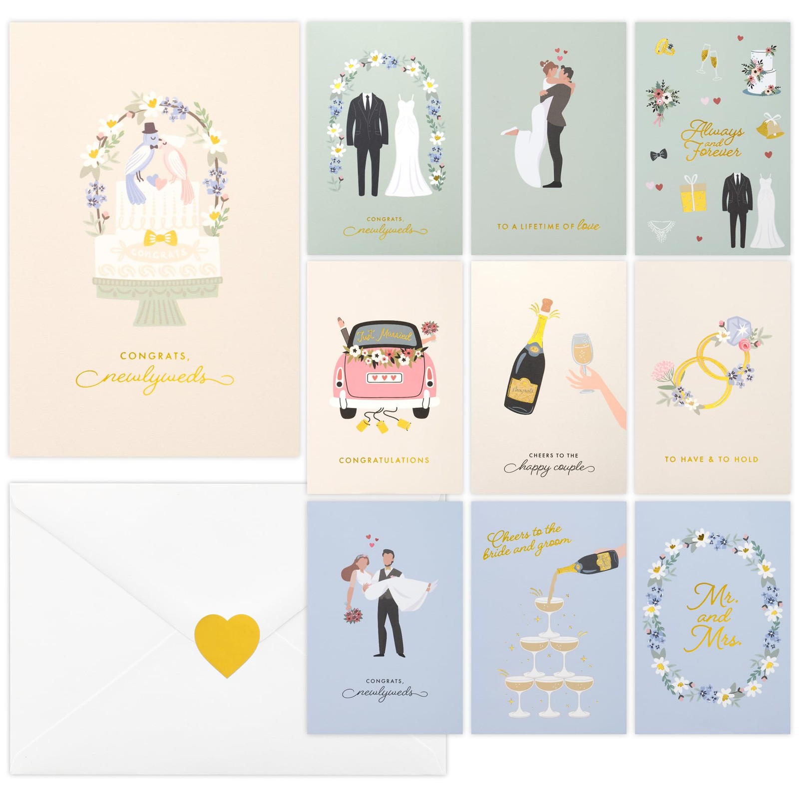 10 Pack Wedding Cards with Envelopes 4 x 6 Inch Multi Design