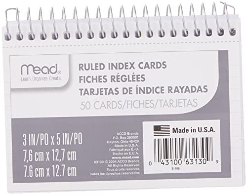 Mead Index Cards, Spiral, Ruled, 3″ x 5″, White, Blank 1 Count (Pack of 1)