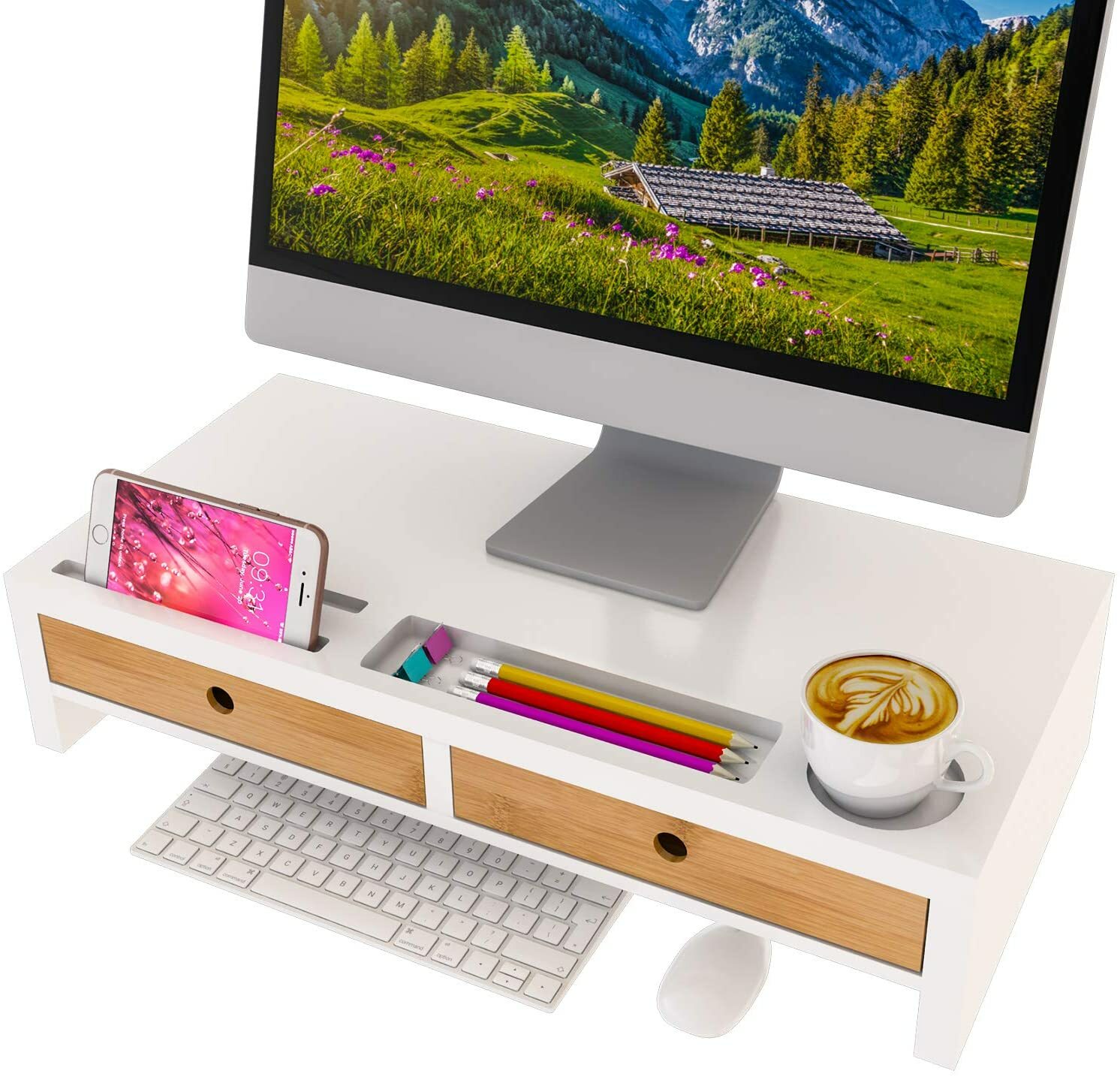 Computer Monitor Stand with Drawers – White Wood Laptop Screen Printer TV Riser