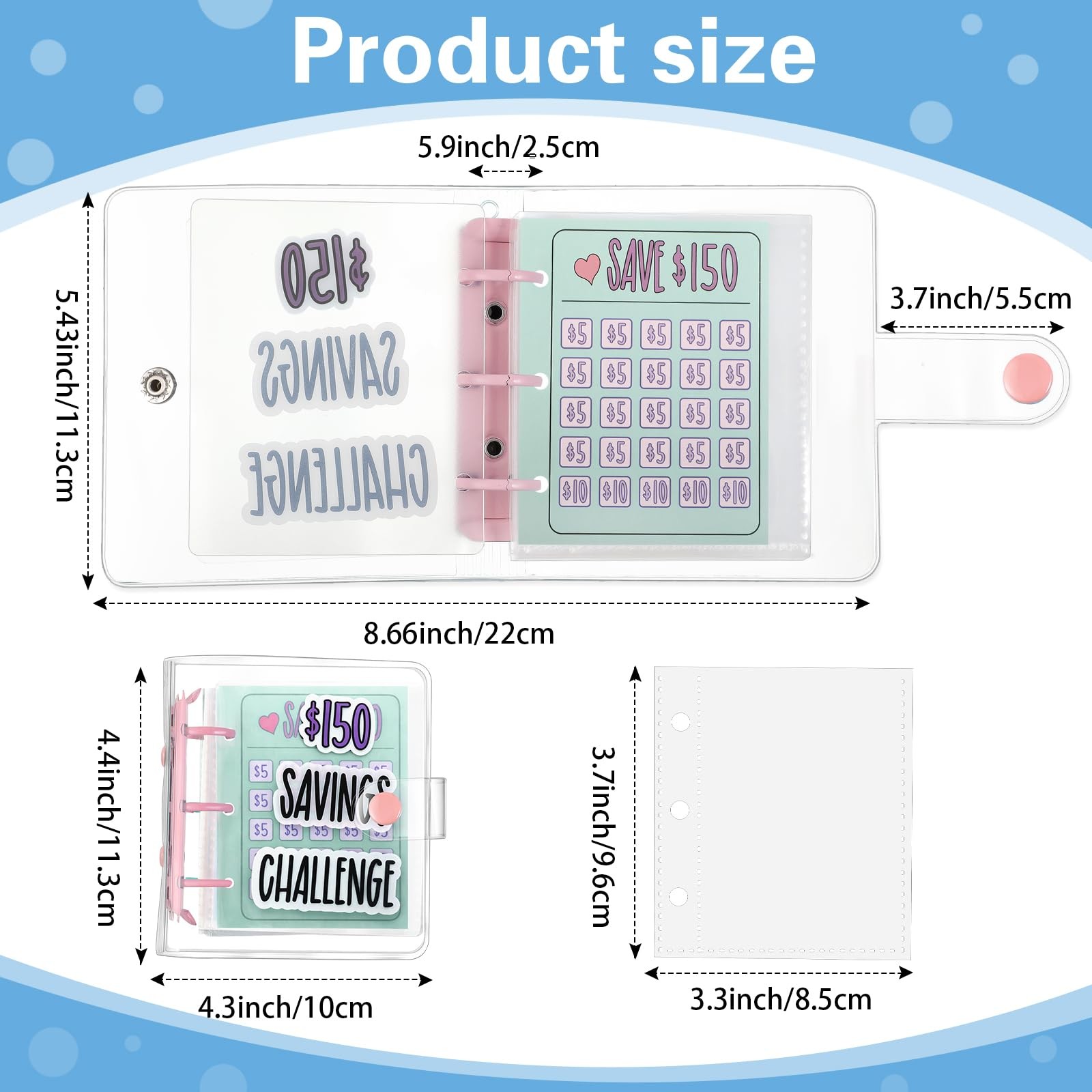 2 PCS Mini Money Savings Binder Saving Challenge Book Cash Envelopes Pink Blue