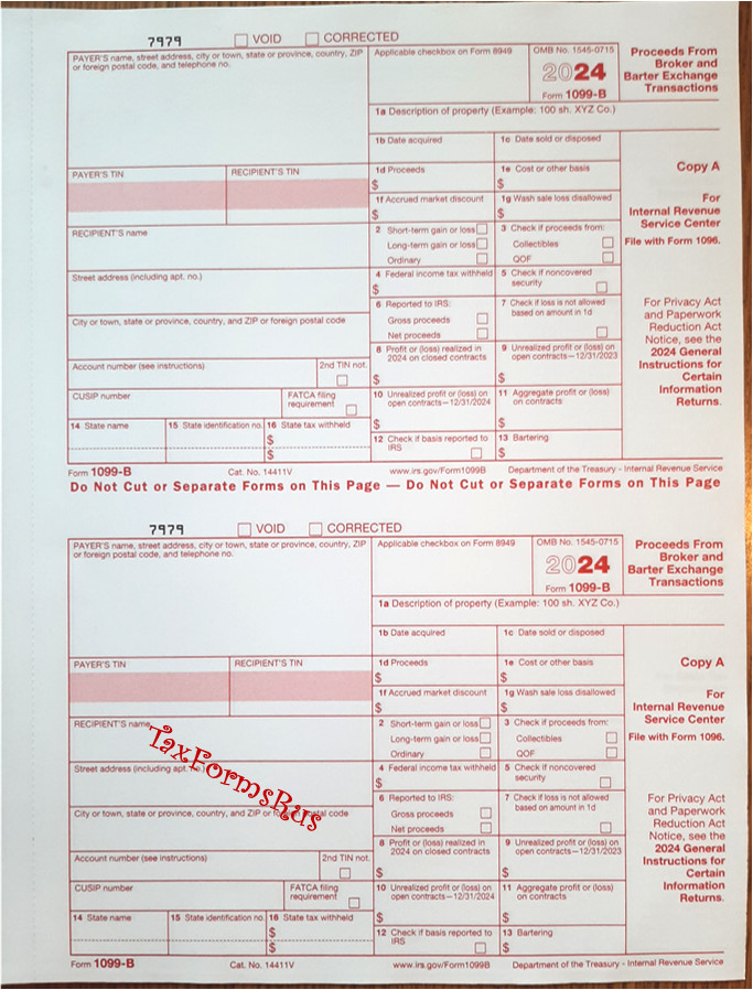 2024 IRS Tax Form 1099-B — NonCarbonless for 10 recipients + (2) 1096 — NO Env