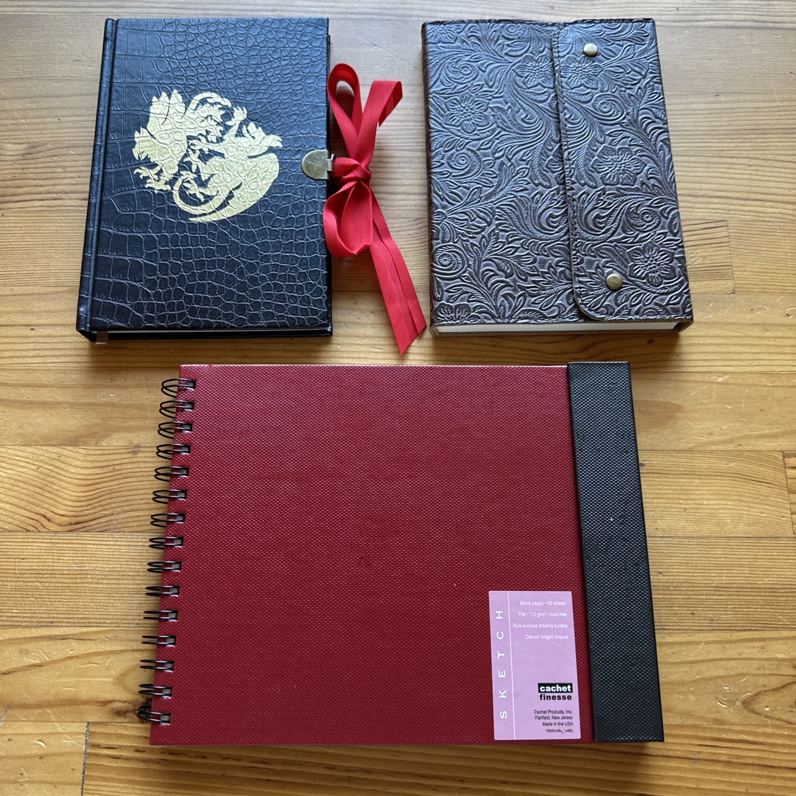 Lot Of 2 Journals And One Sketchbook Brown Faux Crocodile, Red & Brown Etched