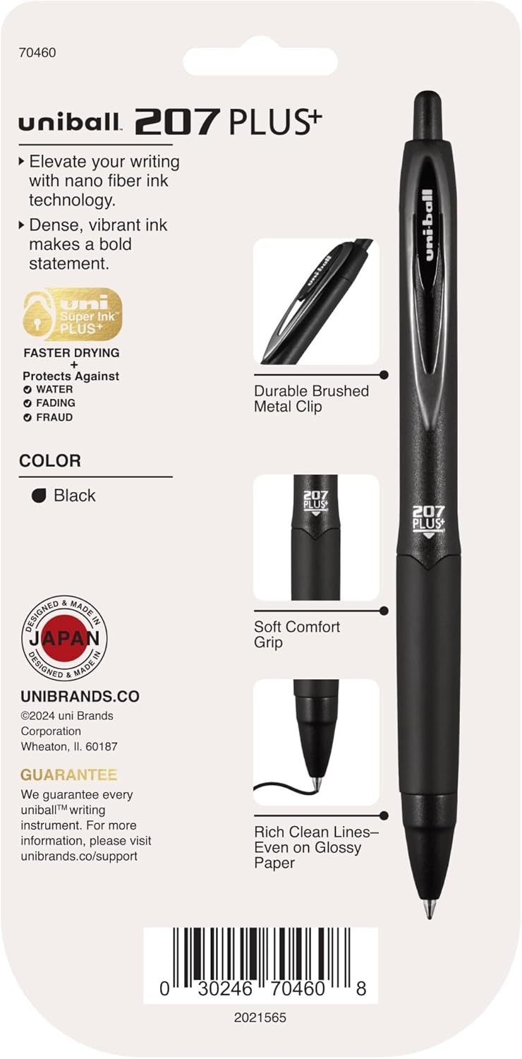 Uniball Signo 207+ Gel Pen 4 Pack 0.7mm Medium Black Pens Gel Ink Pens Office
