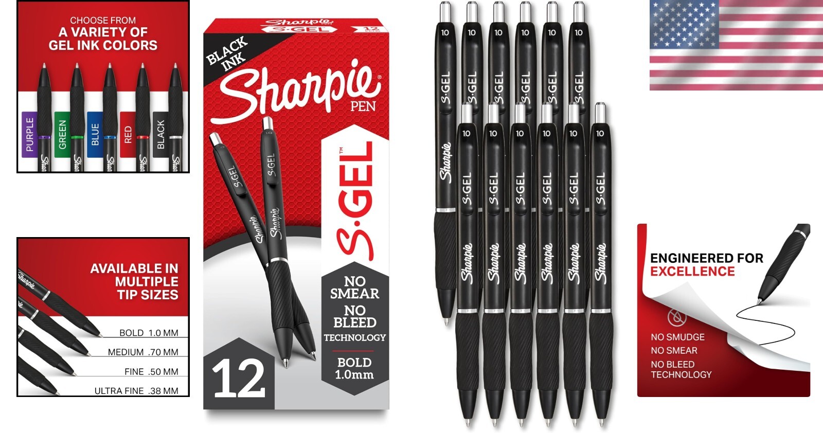 12 Black Gel Pens with Contoured Grip – Perfect for Professionals