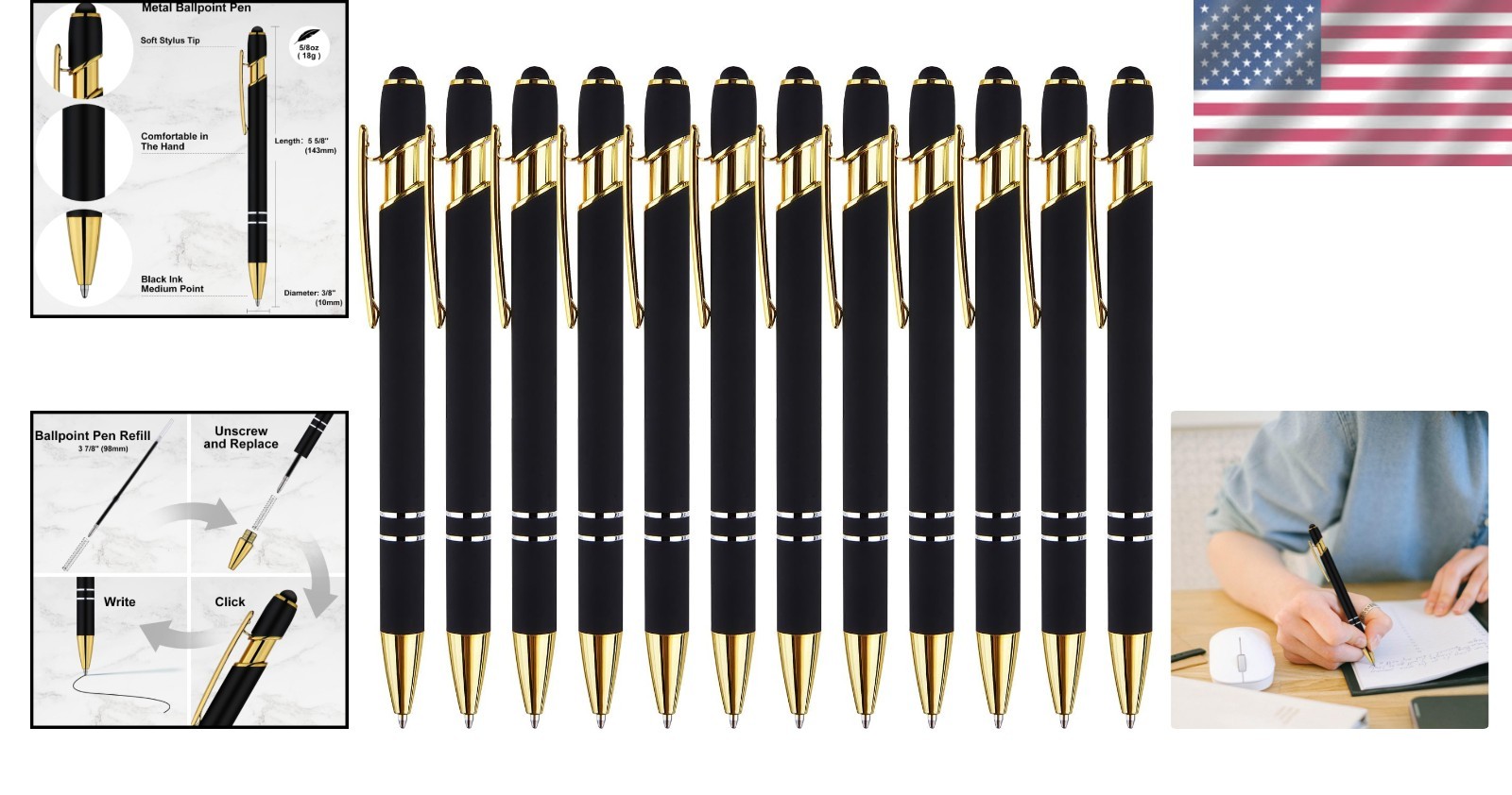 12 Pack Black Gold Ballpoint Pen with Stylus Tip, 1.0 Mm Black Ink Smooth Writin