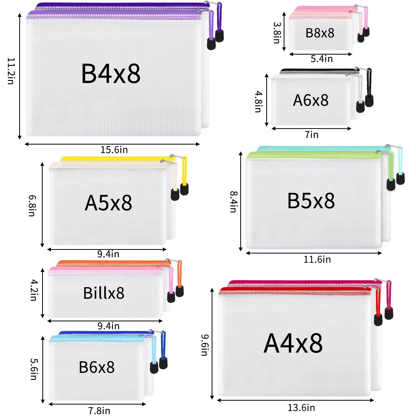 EOOUT 64pcs Mesh Zipper Pouch Bags, 8 Sizes Plastic Bags, 15 Colors Waterproo…