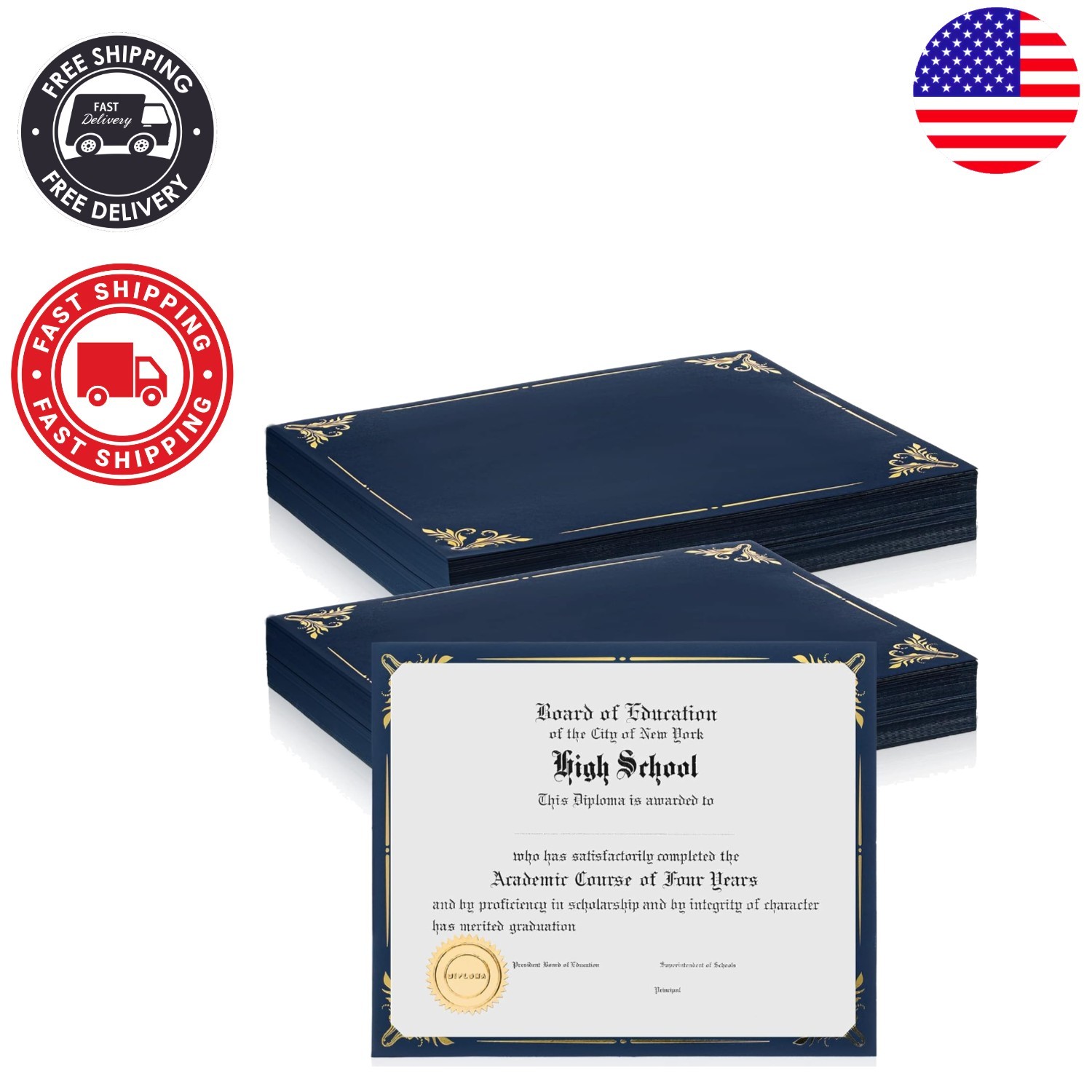 Navy Blue Gold Foil Certificate Holders – 100 Pcs for School & Graduations