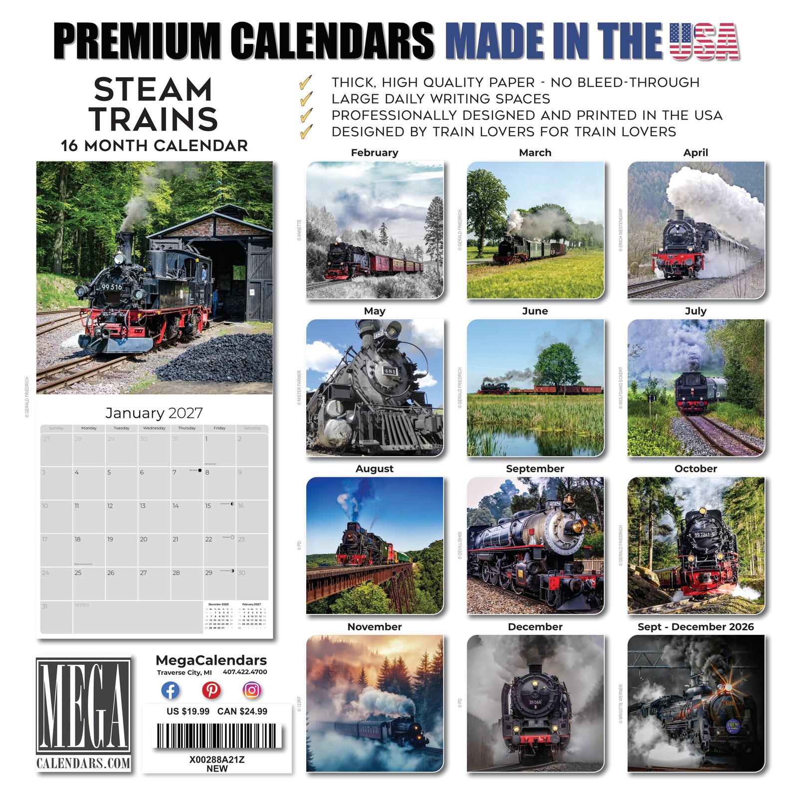 Steam Trains Calendar 2025 FULL SIZE 12×24 Made in USA