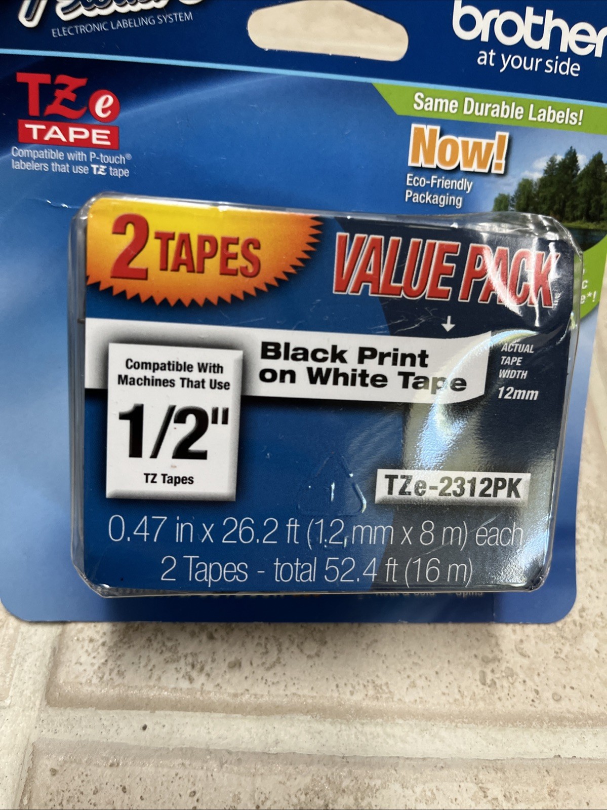 2 Pack Brother P-Touch, 1/2″(12mm) Black Print White Tape TZe-2312pk Genuine