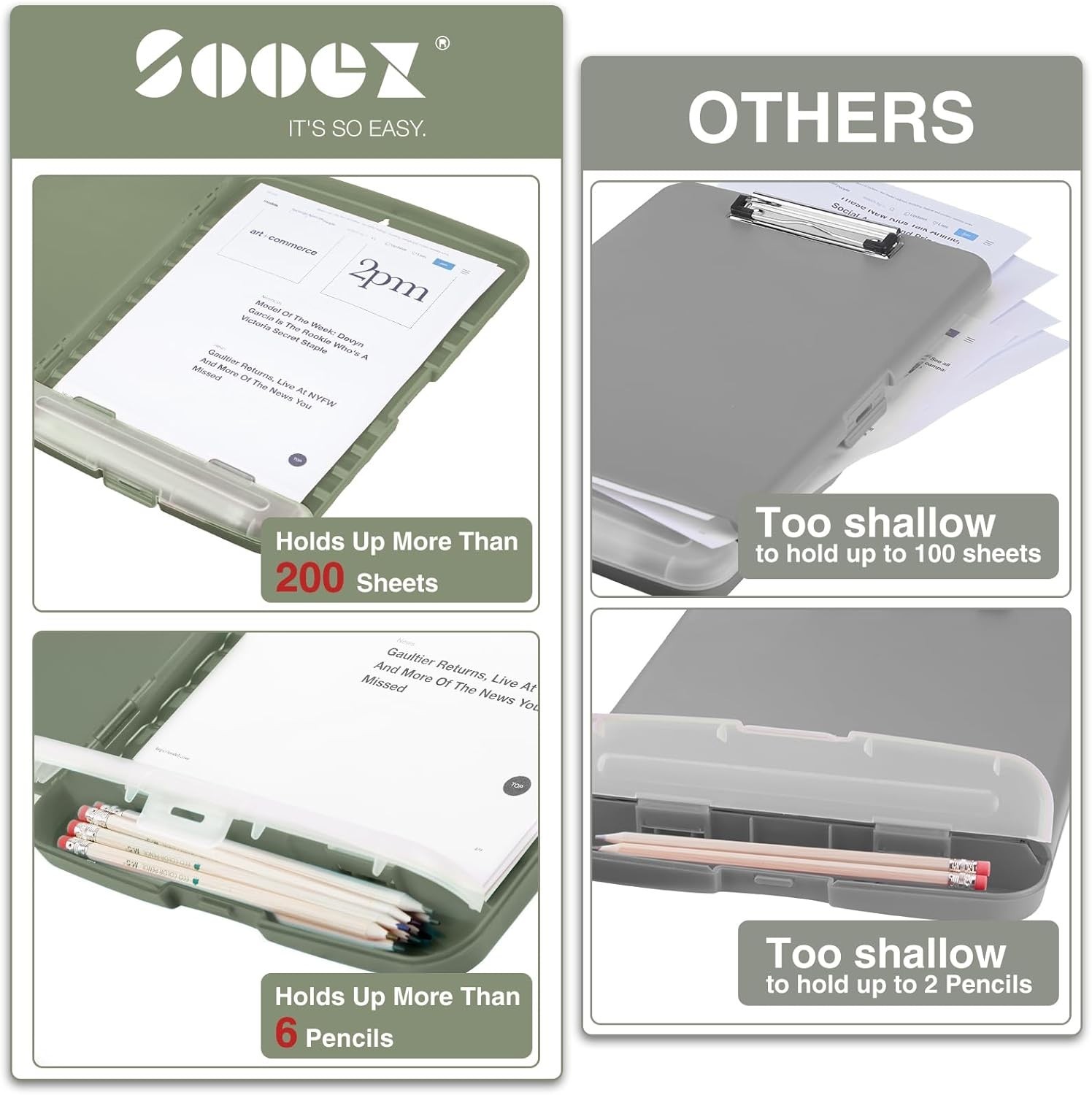 Sooez Clipboard with Storage 8.5×11, Pen Holder, A4/Letter/Legal, Office School