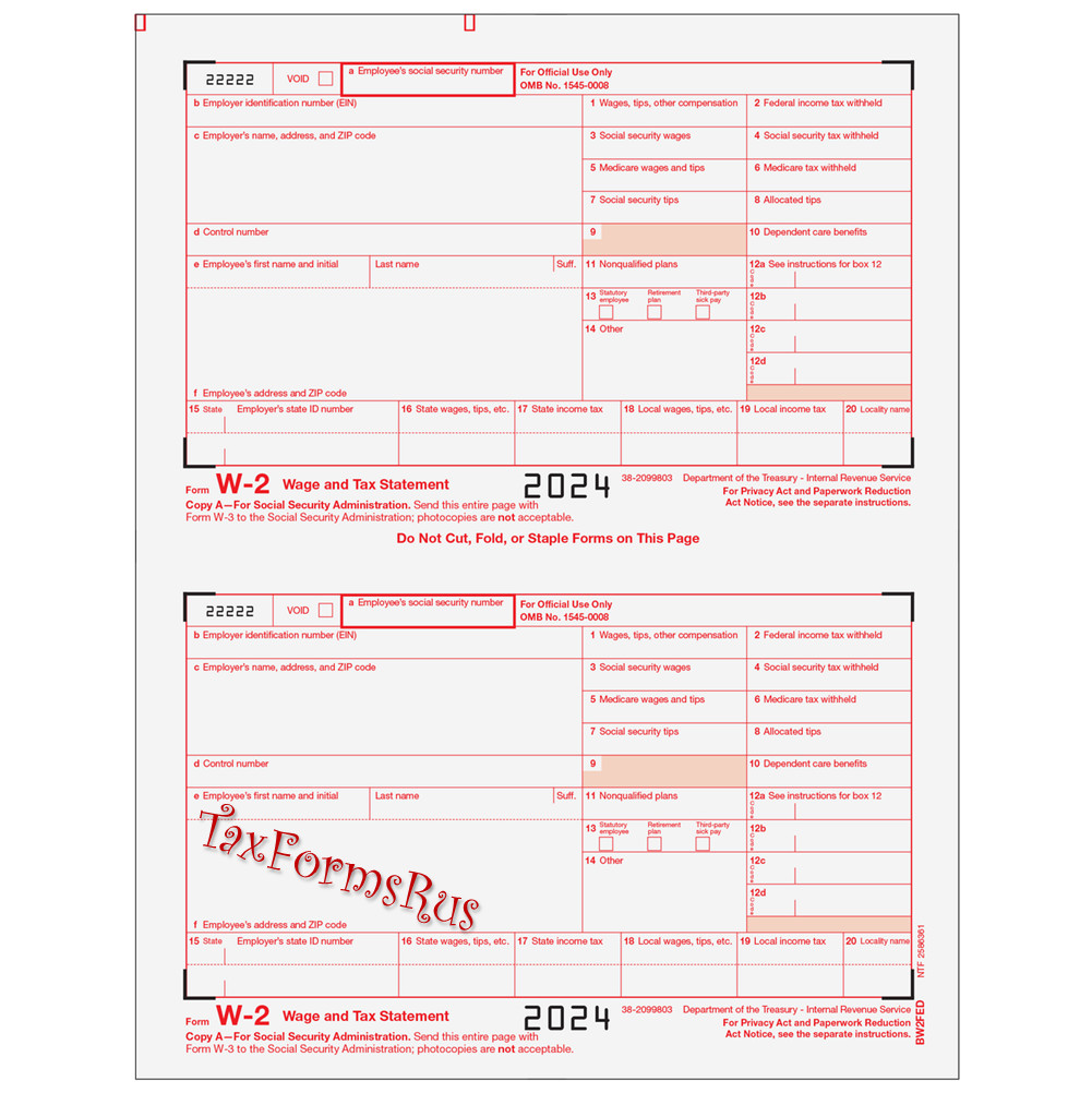 2024 IRS Tax Form W-2 Wage Stmts 10 employees LASER +(2)W3 #W2TRADS605 – NO Env