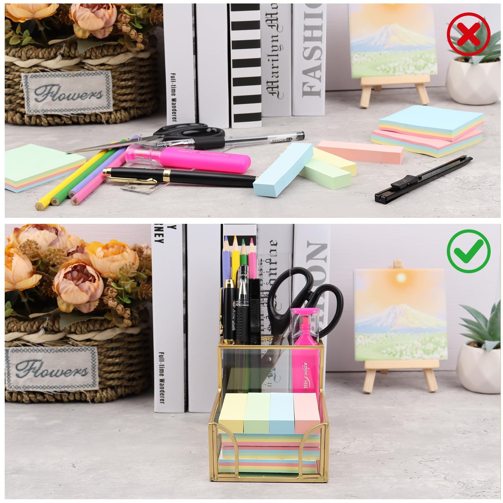 Sticky Note Holder,Glass Post It Note Dispenser with Pen Slot,Gold 3 x 3 Inch…