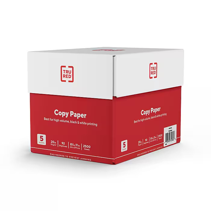 TRU RED Copy Paper 8.5×11 Letter 20lb 92 Bright 5 Reams 2500 Sheets White
