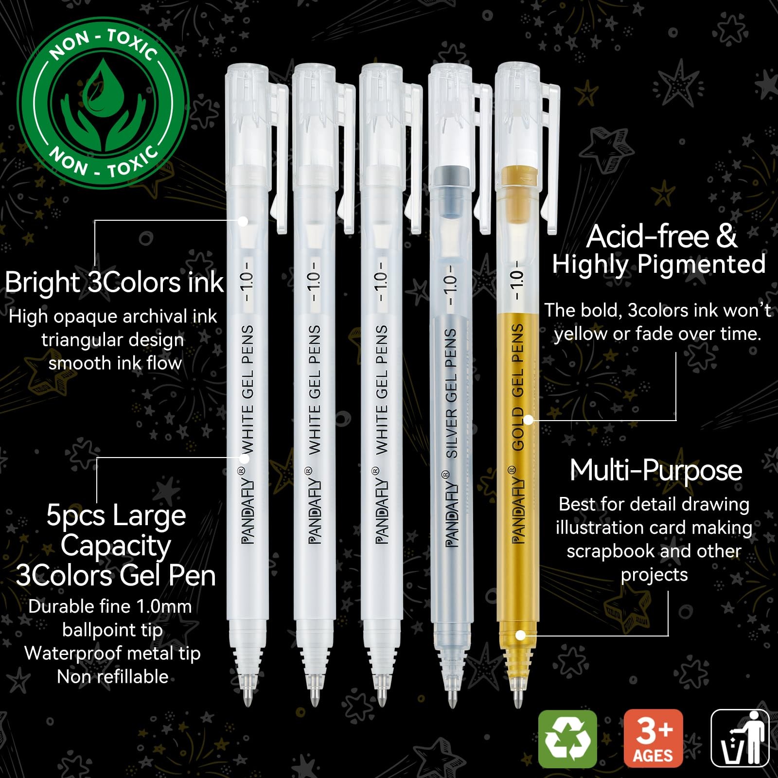 PANDAFLY Gold Silver White Gel Pens, 5 Pack, 1 Count (Pack of 5), Multicolor