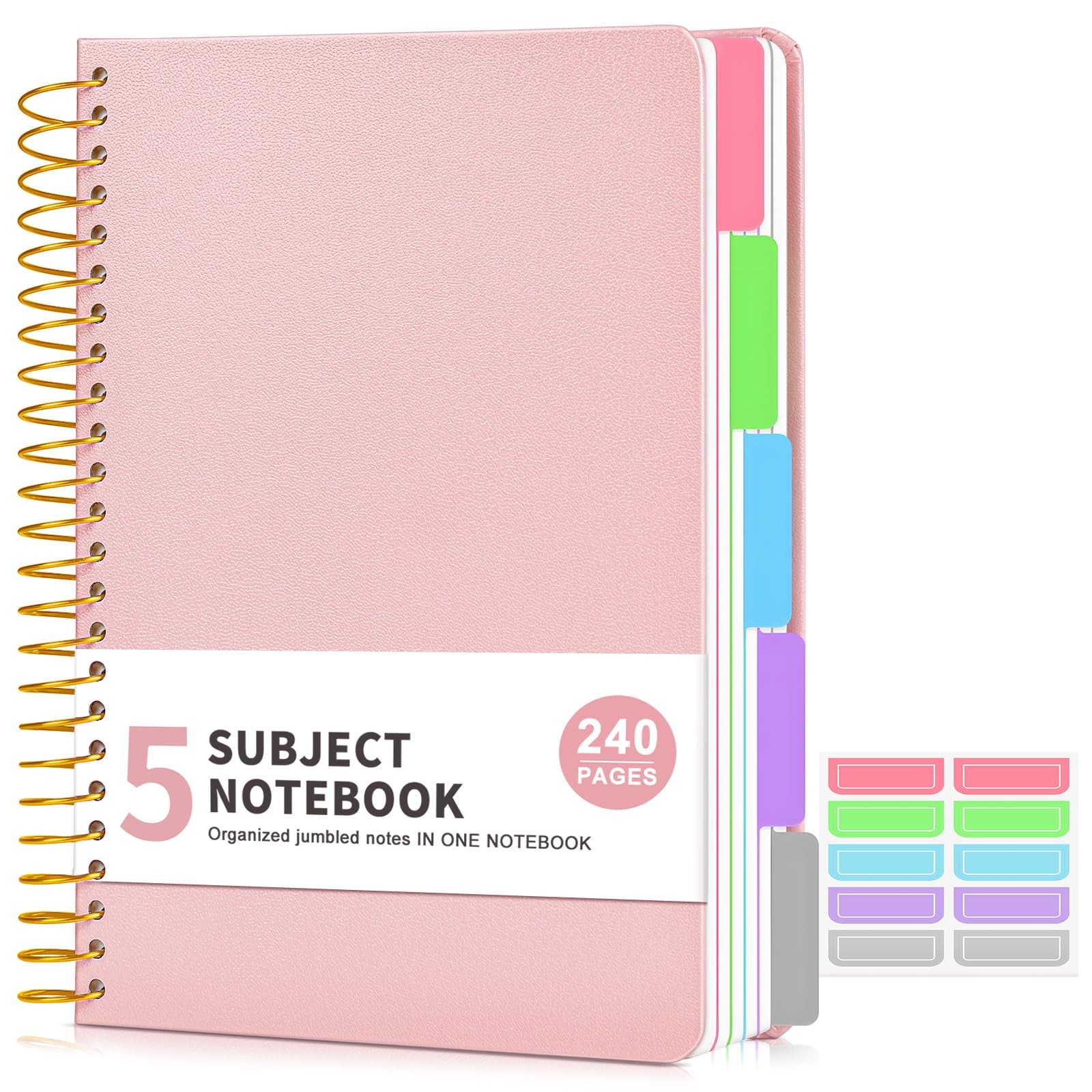 5 Subject Notebook College Ruled, A5 Hardcover Spiral Notebook with Removable…