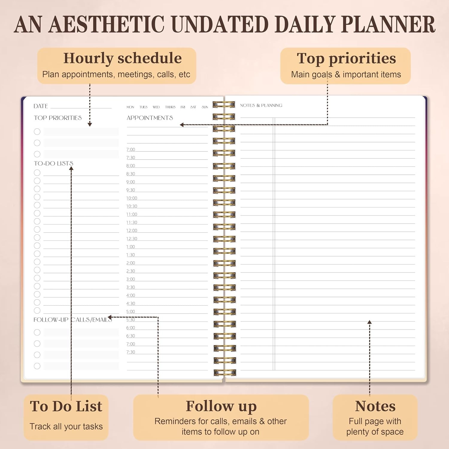 Minimalist Daily Planner, Undated with Hourly Slots, Ideal for Work & Life Tasks