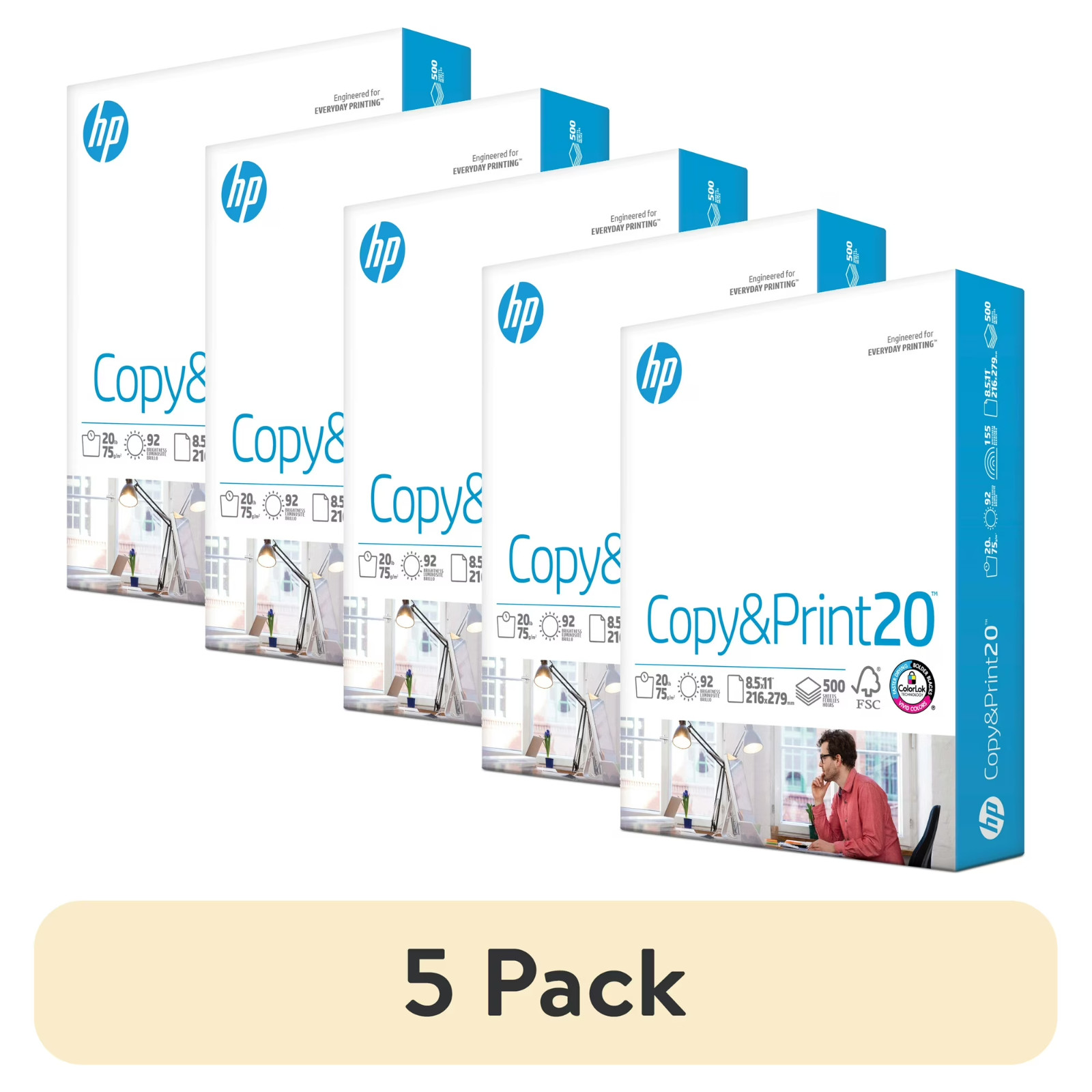 (5 pack) HP Copy & Print20, 20lb, 8.5 x 11, 1 Ream (500 Sheets)