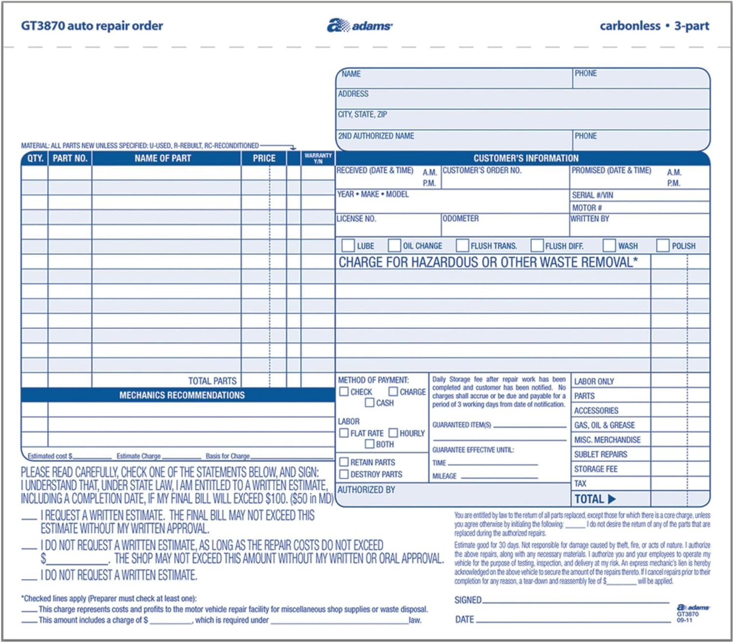 Adams 3-Part Carbonless Auto Repairs Book 8.5″L x 7.44″W 50 Forms/Book 301630