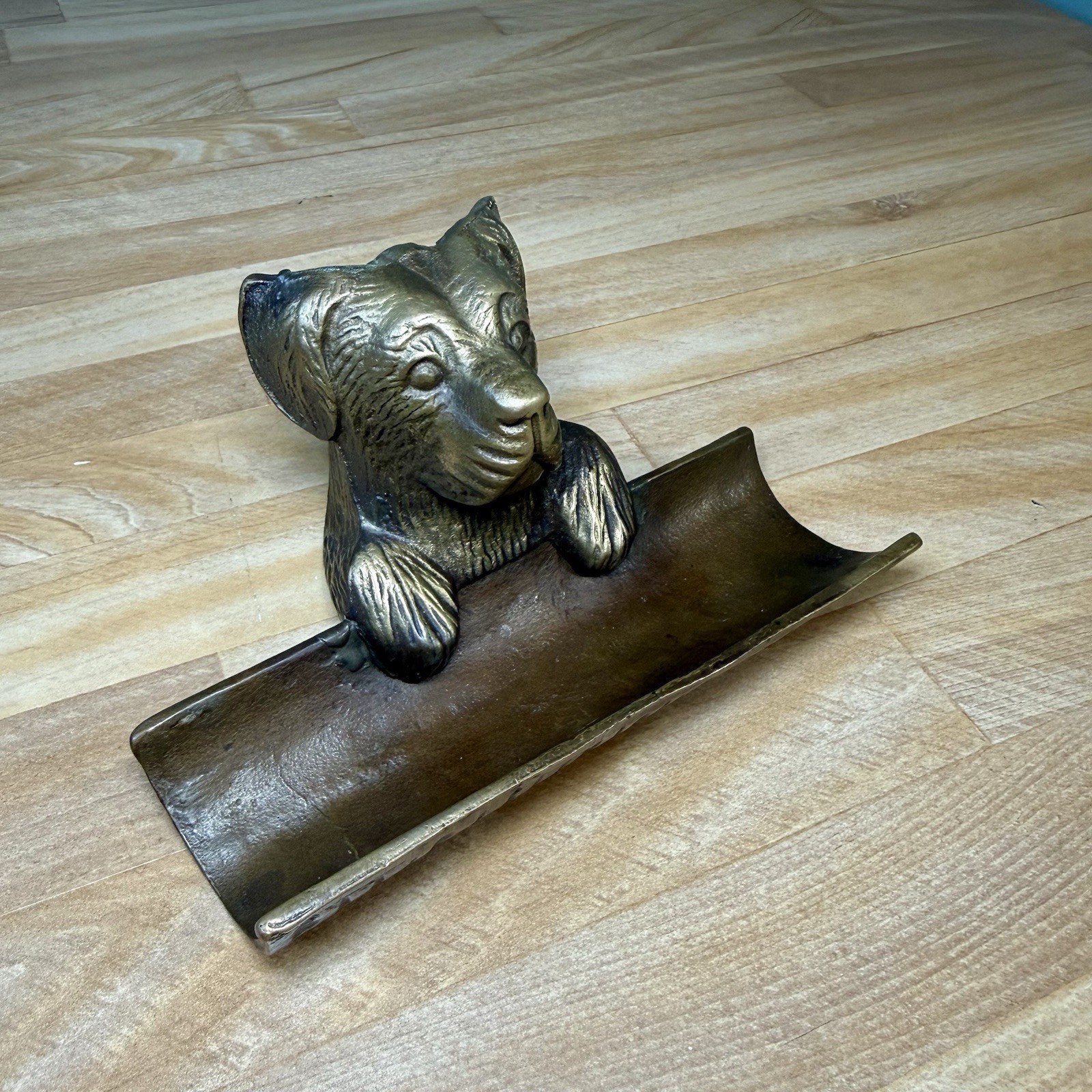 VTG Bronze Cast Metal Dog Puppy Office Desk Business Card Pen Holder 50s 60s 70s