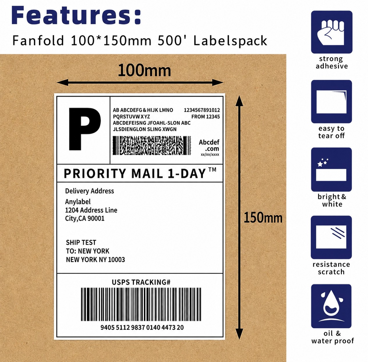 4×6 Fanfold Direct Thermal Shipping Labels for Zebra and Rollo 500 PCS