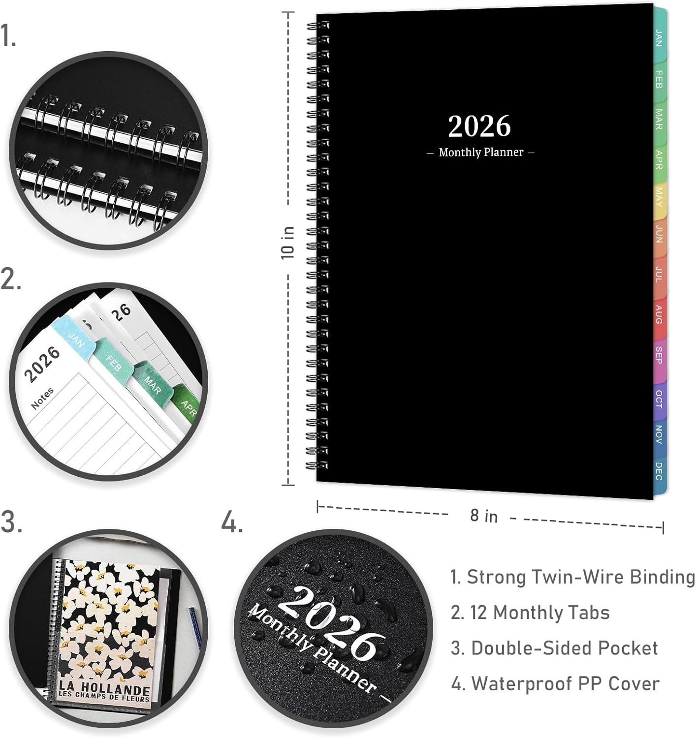 2026 Monthly Planner Jan–Dec, 8×10″ Calendar with Tabs, Notes & Back Pocket