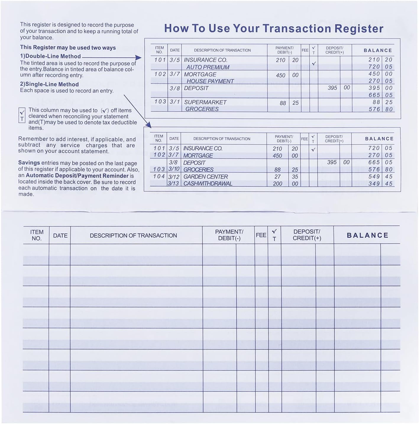 12/20 Checkbook Register,Check Registers for Personal,Blank Ledger Transaction
