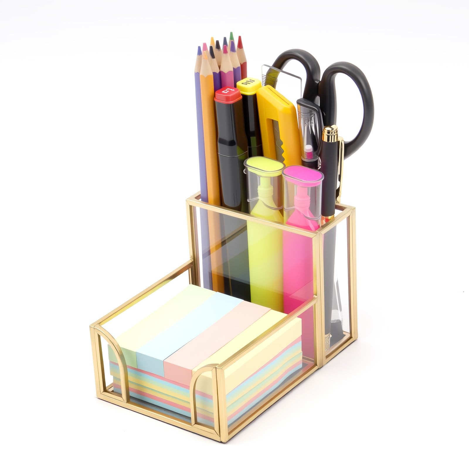 Sticky Note Holder,Glass Post It Note Dispenser with Pen Slot,Gold 3 x 3 Inch…