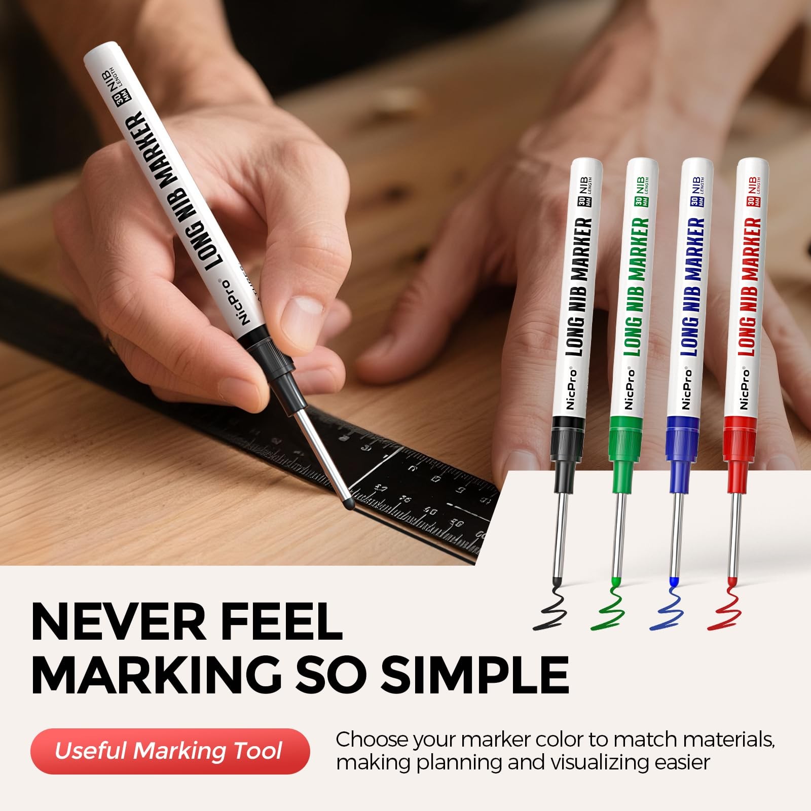 Nicpro 4 PCS Long Nib Marker 1 Count (Pack of 4), Black, Red, Blue, Green