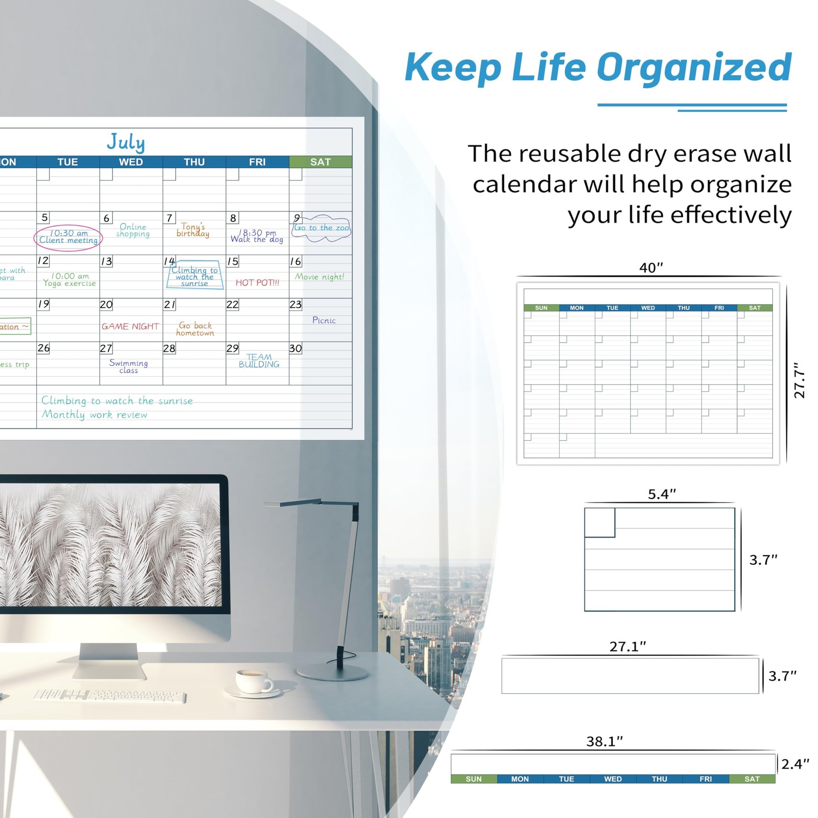 Large Dry Erase Calendar – Undated 1 Month Dry Erase Calendar for Wall, 40″ x…